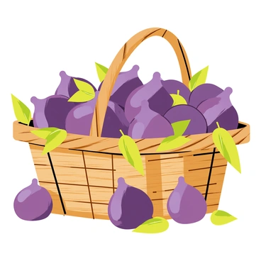 A rustic wicker basket overflowing with plump, purple figs, showcasing their smooth skin and rich color. The basket is situated on a weathered wooden table, with its natural grain visible. Some figs spill out of the basket, adding a sense of abundance. Soft, green fig leaves are scattered around the basket, enhancing the natural feel of the scene. The warm light casts gentle shadows, highlighting the textures of the basket and the figs.