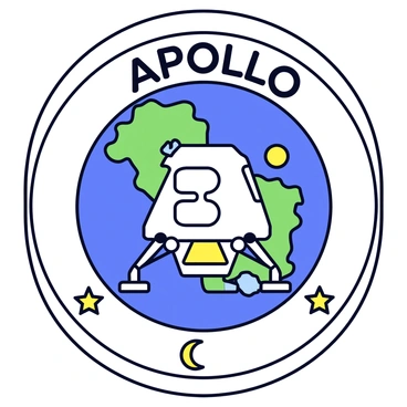 A circular emblem representing an Apollo mission. The emblem features a stylized depiction of the Earth in the background, showcasing a blue and green color scheme. In the foreground, there is an illustration of the lunar module with detailed features, including its legs and ascent stage. The mission name "Apollo" is prominently displayed at the top in bold letters. Surrounding the emblem, there are stars and a crescent moon to emphasize the space theme. The overall design has a clean and minimalistic look with well-defined lines.
