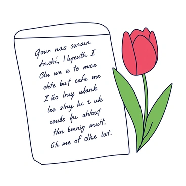 A piece of paper with a handwritten poem in elegant cursive writing. The poem has flowing lines and is neatly arranged. Next to the poem is an illustration of a rare tulip with vibrant red petals that are delicately fringed at the edges. The tulip stands tall with a green stem and a few slender leaves at its base. The arrangement creates a harmonious composition between the poem and the illustration.