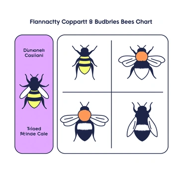 A comparison chart is displayed featuring various bumble bee species, each illustrated with distinct markings. The chart is organized in a grid format, with each box containing a bumble bee. To the left, there is a bumble bee with a striped black and gold pattern and round fuzzy body. Next to it, another species shows a more elongated shape, with vivid orange and black markings. Below, a bumble bee displays unique white-tipped hairs on its abdomen, set against a contrasting black background. Each bee is labeled with its species name in clear text. The background of the chart is minimal to keep the focus on the bumble bees and their markings.