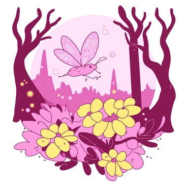 A pink schmetterling with sparkling, iridescent wings is fluttering gracefully above a bed of vibrant yellow flowers. The fairyland is filled with towering trees with twisting branches and glowing, luminescent plants. In the background, there are softly glowing orbs floating in the air, casting a warm light over the scene. The schmetterling is accompanied by tiny, twinkling fairy lights that dance around it, adding to the magical atmosphere.