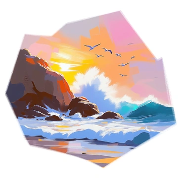 A dramatic scene depicting large waves crashing against a rugged cliff by the sea. The waves are frothy and powerful, sending sprays of white foam into the air as they collide with the jagged rocks. The cliff rises steeply, with dark stone that contrasts against the bright blue of the water. The sky above is filled with vibrant hues of orange and pink, suggesting a sunset, casting warm light onto the scene. Seagulls can be seen flying above the waves, adding to the dynamic atmosphere of the coastal landscape.