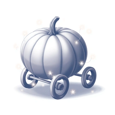 A large, round pumpkin sits at the center of the image. Its surface shows intricate details such as grooves and a textured stem. Bright, twinkling lights are positioned around the pumpkin, creating a luminous effect. The pumpkin appears to be in the process of transforming into a carriage, with elegant wheels starting to emerge from its base. The carriage's structure is partially formed, revealing ornate features, including decorative elements and a smooth, elegant shape. The surrounding area is softly illuminated by the glow of the twinkling lights, enhancing the magical atmosphere of the scene.