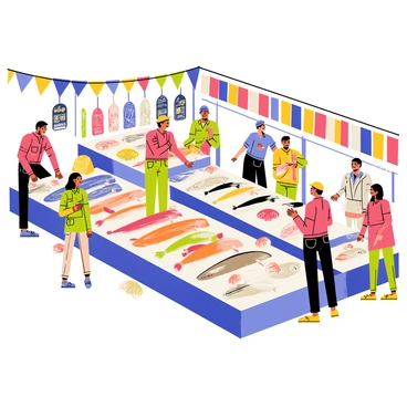 A bustling fish market filled with vibrant colors and lively activity. Stalls are lined with various types of fresh fish and seafood displayed on ice. Vendors, some wearing aprons and hats, are engaged in conversation with customers, showcasing their catches. There are large fish such as salmon and tuna, as well as smaller seafood like shrimp and crabs, all glistening on the ice. The air is filled with the sounds of chatter and the occasional call of a vendor promoting their best offerings. Bright banners hang overhead, adding to the lively atmosphere of the market.