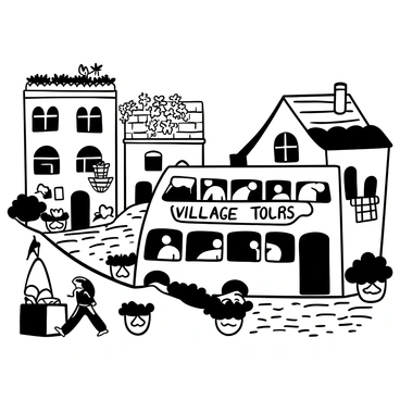 A double-decker bus driving carefully through narrow cobblestone alleyways lined with charming buildings. The buildings have intricate architectural details, featuring arched windows and tiled roofs. Lush greenery spills over from small balconies, and there are flower pots placed along the paths. A few villagers are seen going about their day, with one person walking a dog and another carrying a shopping bag. The bus has "Village Tour" written on its side, surrounded by the bustling atmosphere of the quaint village.