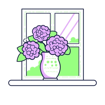 Different shades of hydrangeas arranged in a decorative vase on a windowsill