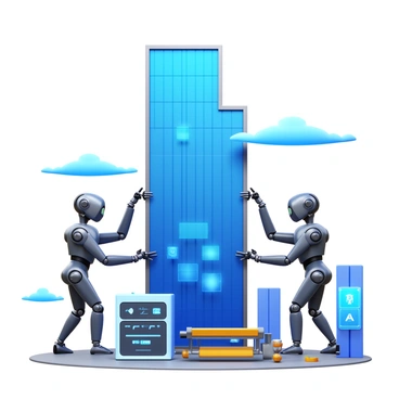 A scene depicting multiple robots assembling a futuristic skyscraper. The robots are sleek and metallic, featuring articulated arms with advanced tools. The skyscraper is tall and made of glass and steel, showcasing an innovative design with sharp angles and organic curves. The background displays a bright blue sky and scattered clouds, emphasizing the height of the structure. Various construction materials, such as beams and panels, are organized around the site. A digital interface with holographic displays is visible, providing information and schematics. The robots demonstrate precision and coordination in their movements.