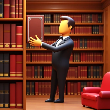 A butler named "Jeeves" with a formal black suit and a bow tie is carefully placing a large, ornate book onto a high wooden shelf. The background showcases a spacious, cozy library filled with numerous leather-bound volumes, some with gold lettering on the spines. The library features tall wooden shelves, rich mahogany accents, and warm, inviting lighting that creates a tranquil atmosphere. A plush armchair can be seen in the corner, adding to the comfort of the scene.