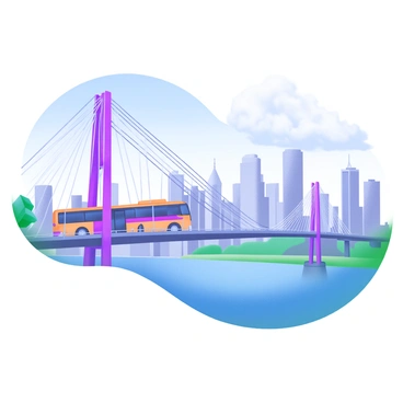 A large suspension bridge spans a wide river, with its towering cables and intricate design prominently displayed. A bus is driving across the bridge, showcasing its vibrant colors and distinctive features. In the distance, a bustling cityscape emerges, with a variety of tall buildings, skyscrapers, and landmarks silhouetted against the sky. The scene is set during the day, with a clear blue sky overhead and soft clouds drifting by, creating a dynamic urban environment.