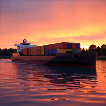 A large barge with a dark hull glides slowly along a river. The barge is equipped with a flat deck and has colorful cargo containers stacked neatly on top. In the background, the sky is ablaze with vibrant orange hues blending beautifully with shades of pink and purple, creating a stunning sunset. The calm river reflects these colors, enhancing the overall atmosphere. Silhouettes of trees line the riverbank, standing against the bright sky, while gentle ripples on the water add a sense of tranquility to the scene.