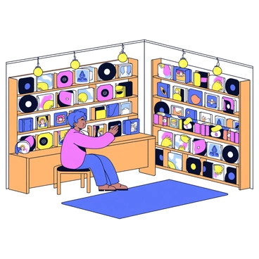 A cozy vinyl record shop with wooden shelves filled with various colorful album covers displayed prominently. In the shop, a customer is browsing through the records, looking closely at an album with bright artwork. There are warm light fixtures casting a soft glow throughout the shop, creating an inviting atmosphere. A small listening station is set up in the corner, with headphones hanging nearby. The floor is covered with a simple rug, adding to the cozy feel of the space.