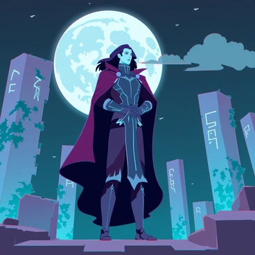 Lucifer, portrayed as a tall figure with elegant features and dark, flowing hair, is standing in the midst of ancient ruins. He is wearing an ornate, dark cloak that billows slightly in the night breeze, revealing intricately designed armor beneath. The moonlight casts a soft glow on his face, highlighting his sharp cheekbones and enigmatic smile. Surrounding him are crumbling stone pillars covered in ivy and moss, with faint symbols etched into their surfaces. In the background, the full moon hangs brightly in the night sky, illuminating the scene with silver light and casting long shadows across the ground. Slight clouds drift past the moon, adding depth to the night atmosphere. The air is still, and the ancient structures seem to whisper secrets of the past as Lucifer explores this forgotten place.