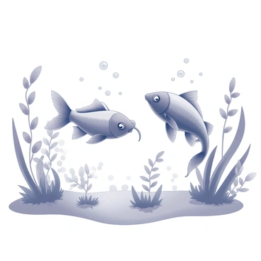 Two catfish swimming dynamically in a lively aquatic environment. The first catfish, with long whiskers and a streamlined body, is darting playfully towards the second catfish, which has a slightly larger, rounded shape. They are surrounded by various water plants, featuring elongated leaves and delicate tendrils swaying with the movement of the water. Bubbles are rising from the catfish as they chase each other, creating a sense of motion in the scene. The lighting highlights the texture of their scales and the lush greenery surrounding them.