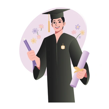 A proud graduate standing confidently, wearing a black cap and a matching gown. The graduate is holding a rolled-up diploma in their right hand, which is tied with a gold ribbon. The background features a simple light-colored backdrop to emphasize the graduate. The graduate's face shows a joyful expression, and they have short, dark hair. Their gown is adorned with a small emblem on the chest, signifying the institution. In the background, there is a subtle arrangement of flowers in soft pastel colors, adding a celebratory touch to the scene.
