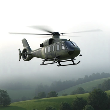 An NH90 helicopter with a sleek, modern design, featuring a camouflage color scheme, is depicted emerging from a dense layer of early morning fog. The rotors are in motion, creating a soft blur. Below, the lush green countryside is visible, with rolling hills and patches of trees peeking through the mist. The atmosphere is calm, with soft light breaking through the fog, illuminating the helicopter and the landscape. The helicopter's details, such as the cockpit and landing gear, are clearly defined against the soft backdrop of fog.