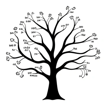 A family tree diagram with branches extending outward to represent different generations. Each branch is intricately drawn, with labels indicating the names of family members. The branches are adorned with symbols representing various alleles, which are depicted as distinct shapes or patterns. Generational lines connect the names, illustrating the relationships between individuals. The overall composition is structured clearly, allowing for an easy understanding of inheritance through the lineage.