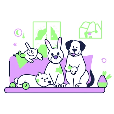 A group of pets is gathered in a cozy living room. In the center, there is a dog sitting with its tongue out, wearing a band-aid on its paw. Next to the dog, a rabbit is sitting upright, with a band-aid on its ear. The rabbit has soft fur and large expressive eyes. Nearby, there is a small cat lying on a colorful cushion, also sporting a band-aid on its tail. The room has a few pet toys scattered around, and a window shows a glimpse of greenery outside. The atmosphere is playful and lively, highlighting the camaraderie among the pets.
