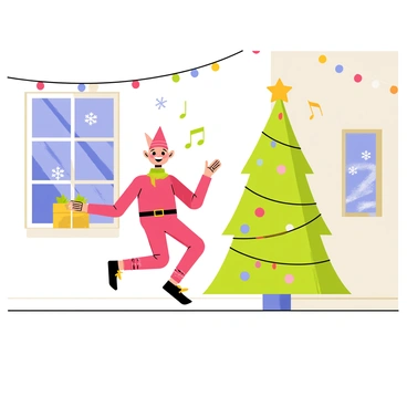 An elf with pointy ears and a bright red outfit is joyfully dancing in a cozy room. The room is filled with colorful Christmas lights strung across the ceiling and walls, illuminating the space with vibrant hues. A large decorated Christmas tree stands in one corner, adorned with shimmering ornaments and a golden star on top. Musical notes are illustrated in the air around the elf, depicting the cheerful atmosphere. The elf's face shows a wide smile as they twirl and leap, spreading festive joy. Soft, fluffy snow can be seen through a window, enhancing the holiday spirit within the room.
