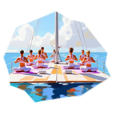 A yoga class is in session on the deck of a catamaran. Several individuals of diverse backgrounds are practicing yoga poses, each in comfortable athletic wear. The participants are positioned in various postures, such as "Downward Dog" and "Warrior II," demonstrating focus and balance. The catamaran's deck is made of polished wood, glistening under the sunlight. The clear blue ocean surrounds the vessel, with gentle waves lapping against the hull. In the background, a bright sky with a few soft, white clouds enhances the serene atmosphere.