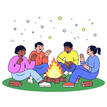 A group of four friends sitting around a campfire, with warm flames flickering in the center. Each friend is in a relaxed posture, sharing stories, with one person gesturing animatedly. The friends are dressed in casual outdoor clothing. Above them, a clear starlit sky is visible, showing numerous shining stars and a faint crescent moon. The ground is covered with green grass, and there are a few logs placed around the fire for seating.