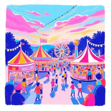 A lively county fair is bustling with activity. Colorful rides, including a Ferris wheel and carousel, are scattered around the area. Various stalls line the walkways, selling items such as balloons, handmade crafts, and food like corn dogs and popcorn. People of all ages are enjoying themselves, with children laughing and running around. The sky above is filled with vibrant shades of pink, orange, and purple as the sun sets, creating a striking backdrop for the fair. Strings of lights hang above the stalls, adding to the festive atmosphere.