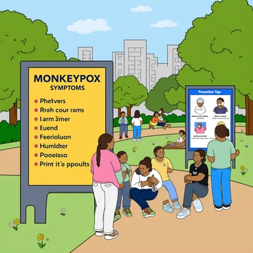 A sunny day in a bustling city park filled with greenery and colorful flowers. In the foreground, there are several large, informative public health signs showcasing "Monkeypox Symptoms" and "Prevention Strategies." One sign has a bright yellow background with bold, black text listing symptoms like "fever," "rash," and "swollen lymph nodes." Another sign features illustrations of simple prevention tips, including "wash your hands," "avoid close contact," and "wear a mask," with cartoon-like images demonstrating each tip. Nearby, a diverse group of park visitors, including families with children and individuals enjoying picnics, are stopping to read the signs, engaged in conversation about health and safety.