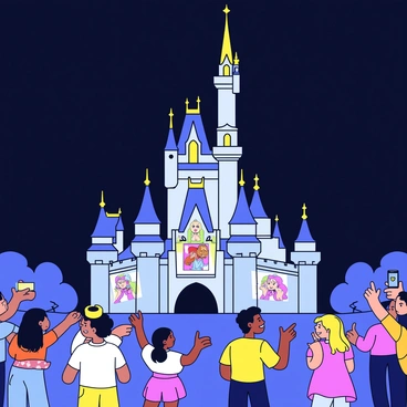 A night view of a large castle illuminated against a dark sky. The castle has tall spires and ornate architecture. Bright projections of various Disney villains are displayed on the castle's walls. The projections include characters like "Maleficent," "Ursula," and "Scar" in vibrant colors. Surrounding the castle are clusters of excited guests who are gazing up at the spectacle. Some guests are taking pictures, and others are pointing at the projections in awe.