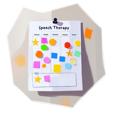 A wall-mounted chart displaying a child's progress in speech therapy. The chart is divided into sections that reflect different speech milestones, each labeled clearly. Colorful stickers are affixed to various sections, indicating achievements and areas of focus. The stickers come in various shapes, including stars, hearts, and circles, creating a vibrant and engaging appearance. The chart is pinned to a light-colored wall, and there is a small space at the bottom for notes or additional comments from the therapist.