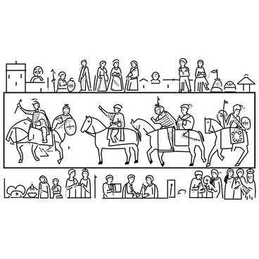 A close-up view of a section of the Bayeux Tapestry. The intricate details depict several medieval scenes, including knights in armor on horseback, soldiers with shields, and a castle in the background. Various figures are shown engaged in different activities, such as a group of people gathering to watch a battle or preparing for a feast. The craftsmanship of the embroidery is evident in the fine lines and patterns that create texture and depth in the images, with each character displaying unique clothing and expressions. Various decorative elements frame the scenes, enhancing the overall complexity of the artwork.