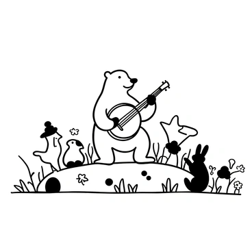 A prairie dog sitting upright, holding a tiny banjo with its paws, strumming it with enthusiasm. Surrounding the prairie dog are various animals such as rabbits, squirrels, and birds, all gathered around, appearing engaged and attentive. The prairie dog is positioned on a small mound of grass, with the vast expanse of the prairie stretching out in the background. There are patches of wildflowers scattered throughout the grass, enhancing the lively atmosphere of the scene.