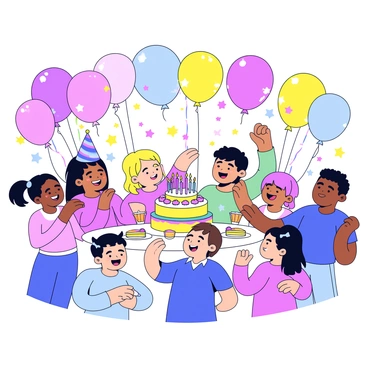 A birthday party scene filled with colorful balloons in various shapes and sizes. In the center, there is a round birthday cake with bright frosting and festive decorations. Surrounding the cake are several friends smiling and laughing, each holding party hats and colorful streamers. Some friends have their arms raised in celebration, while others are reaching for slices of cake. The atmosphere is filled with joy and excitement, capturing a moment of togetherness.
