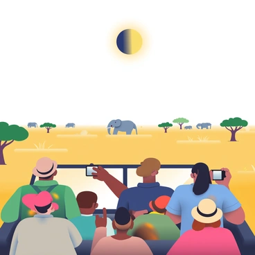 A group of tourists is standing on a safari vehicle, observing the sky as a solar eclipse occurs. The tourists, consisting of individuals with varying skin tones, are wearing safari hats and sunglasses. They are gathered at the edge of the open vehicle, pointing towards the sun covered partially by the moon. The savanna stretches out beneath them, characterized by tall golden grasses and scattered acacia trees. In the distance, a herd of elephants is silhouetted against the brightening sky. The atmosphere is filled with excitement as they take pictures with their cameras, capturing the moment of the eclipse.