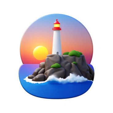 A tall lighthouse with a white tower and a red top stands on a rugged cliff. The lighthouse is surrounded by rocky terrain and tufts of grass. Below, the ocean waves crash against the rocks with frothy white spray. The sky is painted in shades of orange, purple, and blue as the sun sets on the horizon, casting a warm glow across the scene. The light from the lighthouse shines brightly, cutting through the dusk.