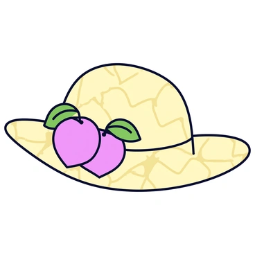 A whimsical straw hat with a wide brim. The hat is woven with light-colored straw and features a delicate pattern. Adorning the front of the hat are artificial peach decorations, each with a soft, velvety texture. The peaches have green leaves that curl slightly at the edges. The inside of the hat is lined with a light fabric for comfort.