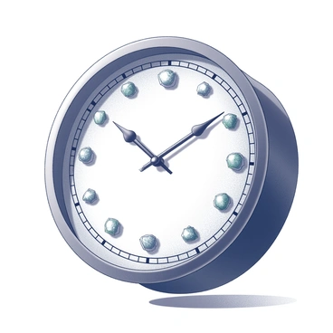 A wall clock displayed prominently on a surface. The clock features an ornate circular design, with "gemstones" marking each hour around its face. Each gemstone is cut to reflect light, creating a sparkling effect. The clock hands are elegantly styled, pointing to the current time. The surrounding area is minimalist, ensuring the clock remains the focal point.