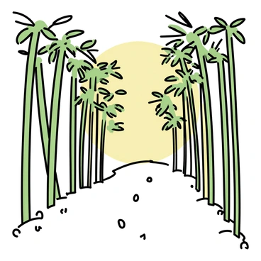 A winding path leads through a dense bamboo forest. Tall bamboo stalks rise on either side of the path, their leaves creating a lush green canopy above. Soft sunlight filters through the gaps in the leaves, casting delicate shadows on the ground. The path itself is made of packed earth, slightly uneven, surrounded by patches of soft grass. Small, scattered stones line the edges of the path, adding texture to the scene.