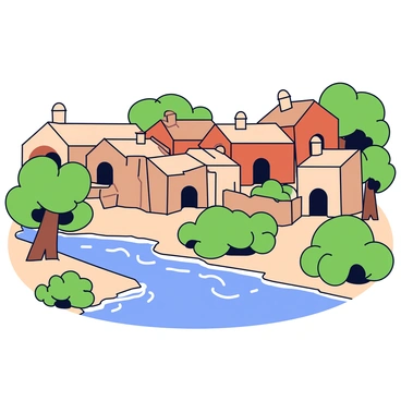 A quaint historic village nestled along the Euphrates River. The village features a series of clay houses with earthy tones, including shades of brown and beige. Each house has a flat roof and rounded edges, giving them a unique, organic shape. The houses are situated close together, creating narrow pathways that wind through the village. In the foreground, the gentle flow of the Euphrates River reflects the sunlight, adding a shimmering effect to the scene. Lush greenery surrounds the riverbank, with trees and bushes contributing to the serene atmosphere.