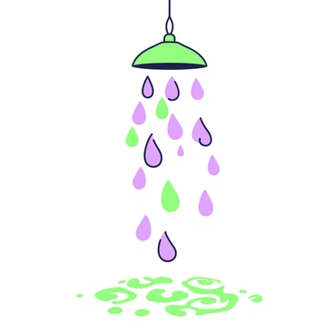 A series of raindrops are falling through a prismatic filter suspended in the air. The filter refracts the light, creating a range of shapes as it interacts with the raindrops. Below, the ground is dotted with distinct shadows that are shaped like elongated ovals and irregular patterns. The light that passes through the filter gives these shadows a unique quality, showcasing intricate designs instead of solid colors. The overall scene captures the dynamic interaction between the falling raindrops and the filter, emphasizing the beauty of light and shadow.