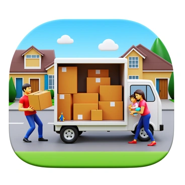 A family consisting of four members is loading various boxes into a large moving truck. The boxes are in different sizes and are made of cardboard with labels on them. The family members include a father, a mother, a young boy, and a teenage girl. The father is lifting a heavy box, while the mother is arranging smaller boxes inside the truck. The boy is holding a toy, and the girl is checking a list. The scene is set on a sunny suburban street, with green grass, neatly trimmed shrubs, and a few trees lining the sidewalk. In the background, there are houses with colorful front doors and driveways, and the sky is clear blue with a few fluffy clouds.