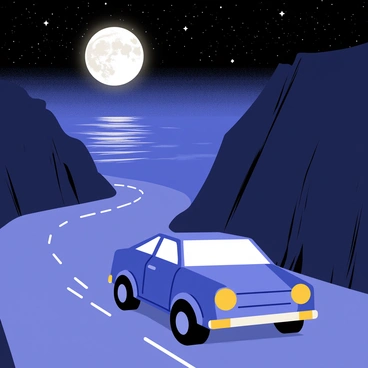 A car driving along a coastal road under a full moon and starry sky