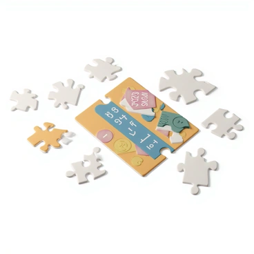 A table covered with a partially completed jigsaw puzzle. The puzzle pieces are scattered around, with some pieces already connected, gradually forming an image of a "lottery ticket." The lottery ticket features vibrant colors and various symbols, including numbers and scratch-off areas. A few puzzle pieces are flipped over, showing their plain cardboard backs. The scene is well-lit, highlighting the textures of the puzzle pieces and the intricate details of the emerging ticket image.