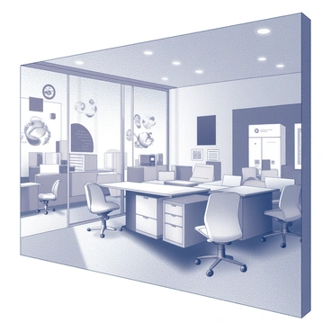 A wall in an office space is covered with a large graphic mural. The mural features various creative themes, including abstract shapes, dynamic lines, and intricate patterns. The design includes elements that suggest innovation, inspiration, and collaboration. The mural captures attention with its bold and complex composition, serving as a focal point within the office environment. The surrounding area is filled with modern office furniture and bright lighting, enhancing the overall visual impact of the mural.