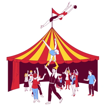 A duo of acrobats is performing an intricate routine in the shape of a "0" beneath the big top. One acrobat is positioned at the top of the zero, suspended in mid-air with their body elegantly arched. The second acrobat is balancing on the ground, supporting the shape's curve with their arms raised above their head. The big top tent is adorned with vibrant colors, with stripes of red and yellow creating a striking contrast. Bright lights illuminate the performers, highlighting their athleticism and precision as they execute flips and impressive poses. Spectators are gathered around, watching in awe, with expressions of excitement and amazement.