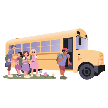 A group of children is standing in a line, eagerly waiting to board a bright yellow school bus. The bus is large, with its doors open, displaying an inviting interior. The children are diverse in appearance; one child on the left has curly brown hair and is wearing a blue t-shirt with shorts. Next to them, a child with straight black hair is wearing a red baseball cap and a green backpack. Another child has blonde hair tied into pigtails and is wearing a pink dress. In front of the bus, there is a grassy area with a few colorful flowers, and a clear blue sky forms the backdrop of the scene. The children are animated, smiling, and chatting with excitement as they wait to get on the bus.