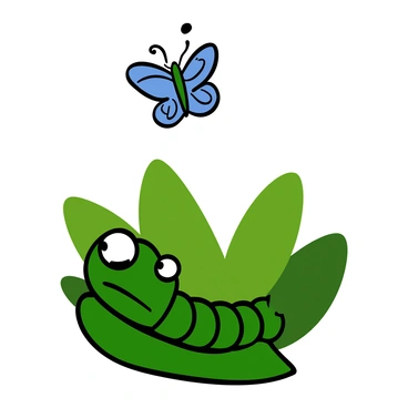 A caterpillar with a green body and a sad face is resting on a leaf. Its large eyes display sadness as it looks up at a butterfly flying high above. The butterfly has vibrant blue wings with intricate patterns, soaring gracefully in the clear sky. The background includes soft, blurred green foliage that emphasizes the caterpillar's perspective.