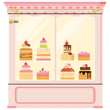 A charming Parisian cafe display window showcasing a variety of elegant gateaux. The window has a wooden frame with intricate carvings, adorned with pastel-colored decorations. Inside, there are multiple tiers of beautifully arranged cakes, featuring delicate frosting and elaborate designs. Some gateaux have fruit toppings, while others are decorated with chocolate shavings and edible flowers. The soft glow of warm lights highlights the rich colors and textures of the desserts, inviting passersby to admire the delicious selection. The cafe's logo is subtly displayed in one corner of the window.
