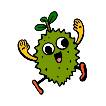 A cartoon character designed as a walking durian with a broad smile. The durian has large, expressive eyes and spiky green skin. It has small, cartoonish arms and legs, allowing it to stand upright. The character is in a playful pose, with one arm raised as if waving. A few cartoonish leaves are attached to the top of its head, adding to its cheerful appearance.
