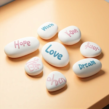 A collection of smooth stones, each with a unique wish painted in vibrant colors. The stones are arranged neatly on a polished wooden table. The wishes include phrases like "Hope," "Love," and "Dream," each in a different font style. The table has a warm, natural texture, enhancing the visual appeal of the stones. Soft light illuminates the scene, casting gentle shadows and highlighting the colors on the stones.