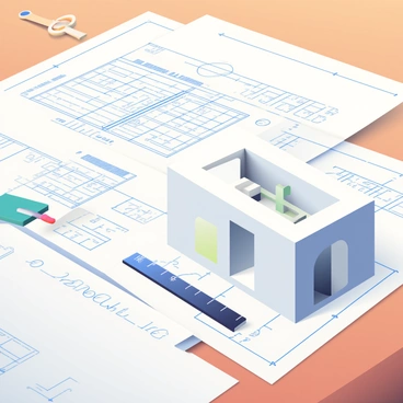 A collection of detailed architectural blueprints is spread across a wooden table. The blueprints feature intricate lines, measurements, and various symbols indicating different building elements. Beside the blueprints, there is a small model building constructed from white and gray materials. The model has visible windows and doors, showcasing the design of the planned structure. A few drafting tools, including a compass and a ruler, are placed near the blueprints, adding to the scene of architectural planning. Soft light illuminates the table, highlighting the textures of the blueprints and the model.