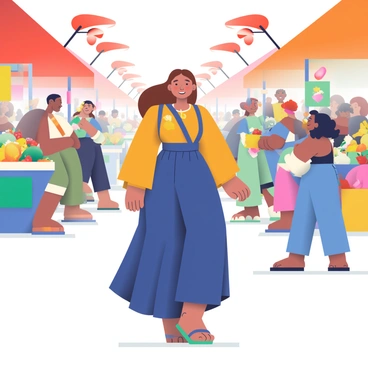 Priscilla, a woman with long, flowing brown hair and a radiant smile, is strolling through a bustling marketplace filled with colorful stalls. She is wearing an elegant, flowing dress in shades of deep blue and gold, which accentuates her graceful movements. Around her, various vendors are showcasing their goods, including vibrant fruits, handcrafted jewelry, and textiles. The marketplace is filled with people of diverse backgrounds, all engaged in lively conversation. Banners in shades of red and orange hang above, fluttering gently in the breeze, adding to the lively atmosphere. Priscilla’s confident demeanor draws attention, with several onlookers turning their heads to admire her presence.